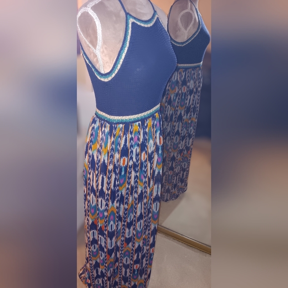 Xhiliration~Blue Crochet Tank Top Bohemian Colorful Aztec Maxi Dress - Picture 6 of 14
